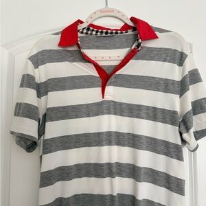 Aquascutum London Gray and White Striped Polo with Red Collar